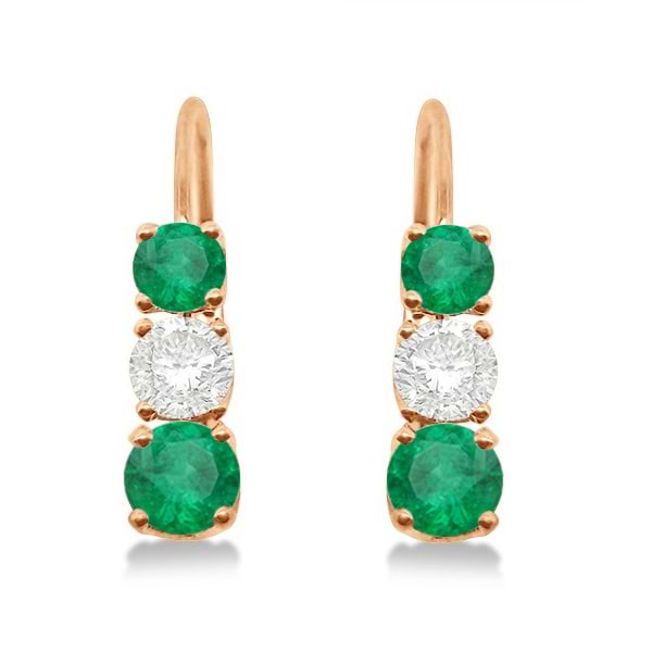 Three-Stone Leverback Diamond & Emerald Earrings 14k Rose Gold (2.00ct)