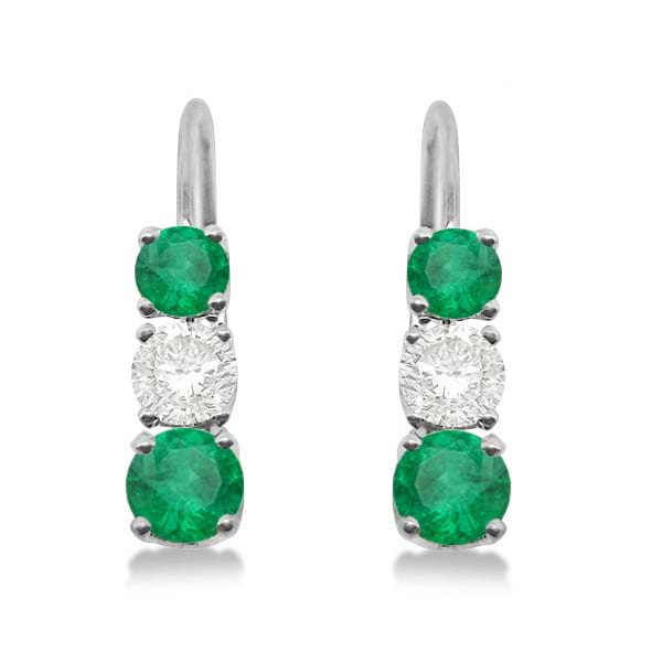 Three-Stone Leverback Diamond & Emerald Earrings 14k White Gold (2.00ct)
