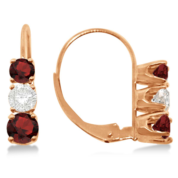 Three-Stone Leverback Diamond & Garnet Earrings 14k Rose Gold (2.00ct)