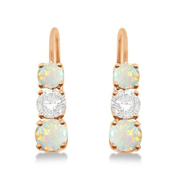 Three-Stone Leverback Diamond & Opal Earrings 14k Rose Gold (2.00ct)