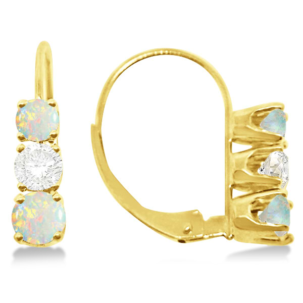 Three-Stone Leverback Diamond & Opal Earrings 14k Yellow Gold (2.00ct)