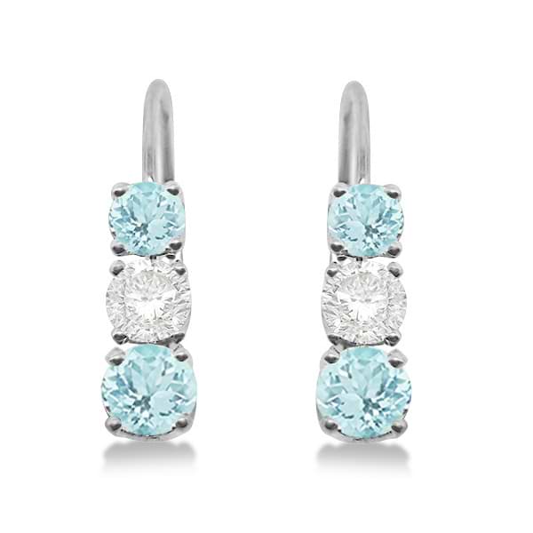 Three-Stone Leverback Diamond & Aquamarine Earrings 14k White Gold (3.00ct)