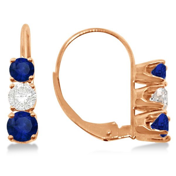 Three-Stone Leverback Diamond & Blue Sapphire Earrings 14k Rose Gold (3.00ct)