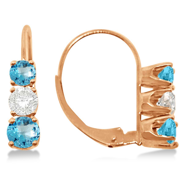 Three-Stone Leverback Diamond & Blue Topaz Earrings 14k Rose Gold (3.00ct)