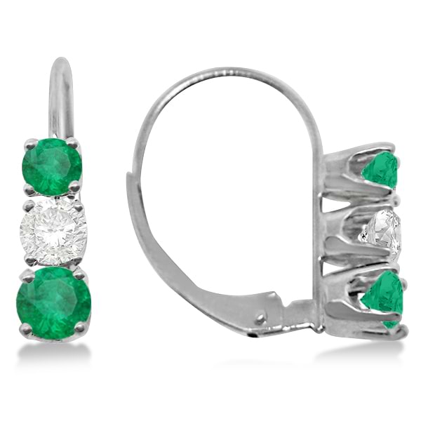 Three-Stone Leverback Diamond & Emerald Earrings 14k White Gold (3.00ct)