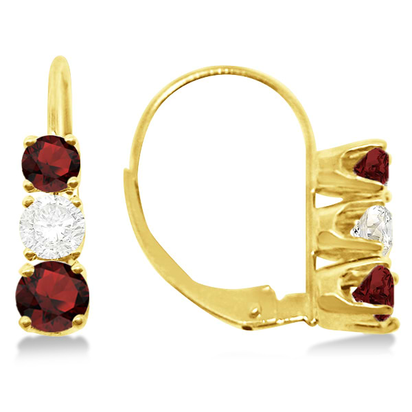 Three-Stone Leverback Diamond & Garnet Earrings 14k Yellow Gold (3.00ct)