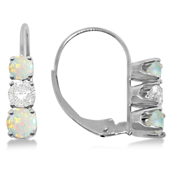 Three-Stone Leverback Diamond & Opal Earrings 14k White Gold (3.00ct)