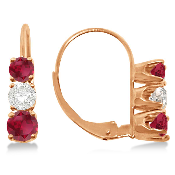 Three-Stone Leverback Diamond & Ruby Earrings 14k Rose Gold (3.00ct)
