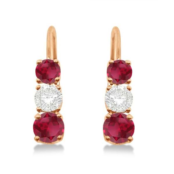Three-Stone Leverback Diamond & Ruby Earrings 14k Rose Gold (3.00ct)