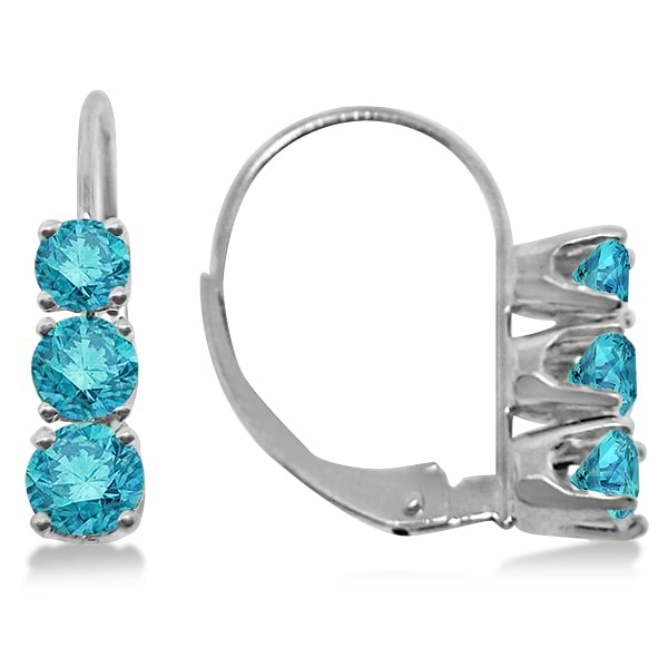 Three-Stone Leverback Blue Diamond Earrings 14k White Gold (1.00ct)