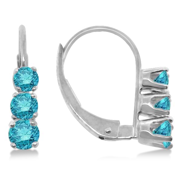 Three-Stone Leverback Blue Diamond Earrings 14k White Gold (0.50ct)