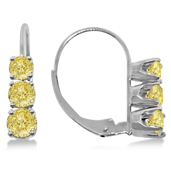 Three-Stone Leverback Yellow Diamond Earrings 14k White Gold (1.00ct)