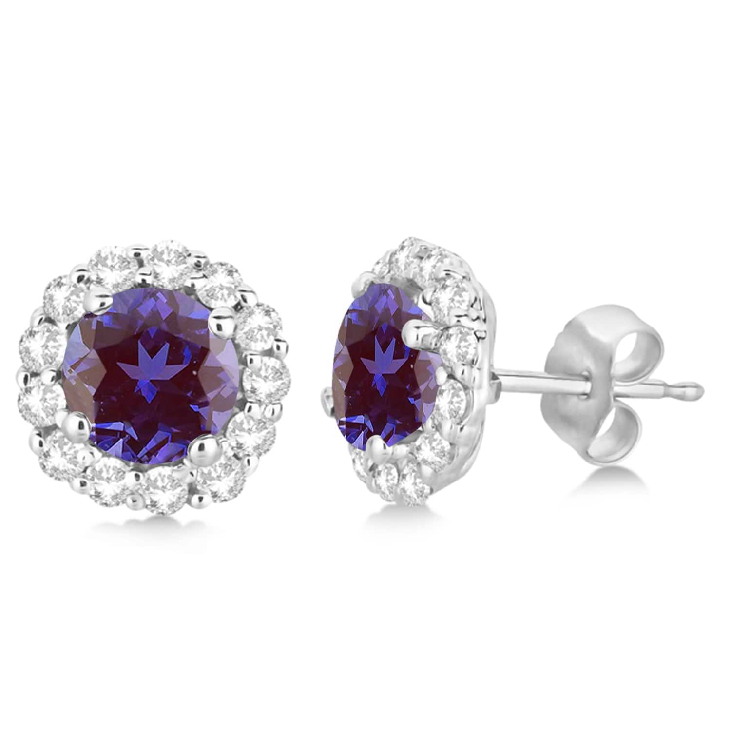 Halo Diamond Accented and Lab Alexandrite Earrings 14K White Gold (2.95ct)