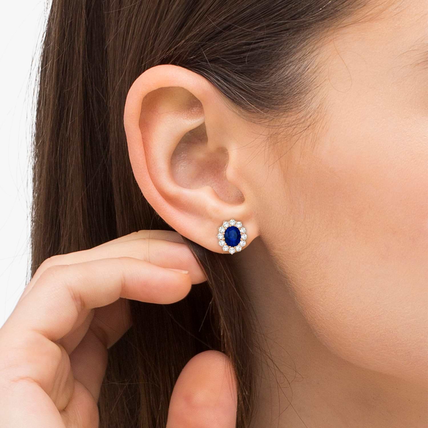 Oval Lab Blue Sapphire and Diamond Earrings 14k Rose Gold (7.10ctw)