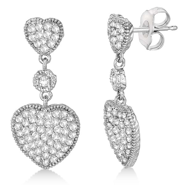 Milgrain Heart Shape Dangling Diamond Earrings 14k White Gold (0.65ct)