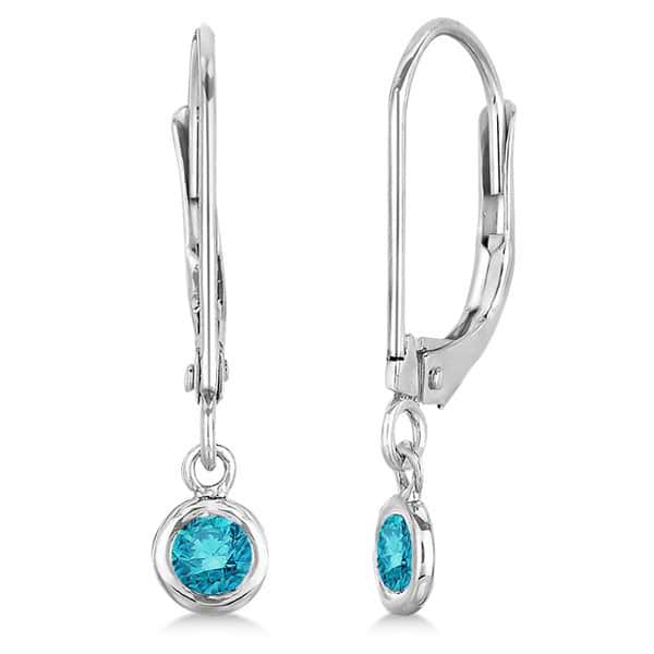 Leverback Dangling Drop Blue Diamond Earrings 14k White Gold (0.20ct)
