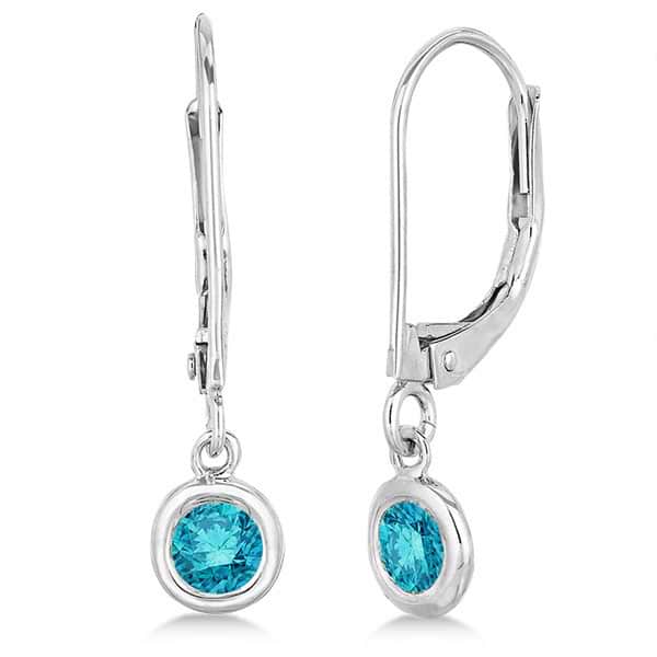 Leverback Dangling Drop Blue Diamond Earrings 14k White Gold (0.40ct)