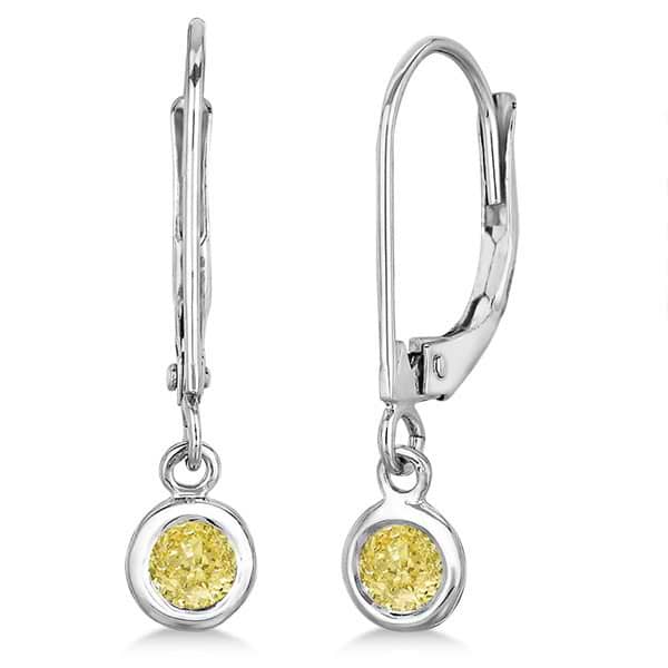 Leverback Dangling Drop Yellow Diamond Earrings 14k White Gold (0.30ct)