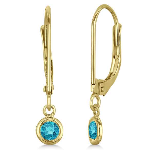 Leverback Dangling Drop Blue Diamond Earrings 14k Yellow Gold (0.20ct)
