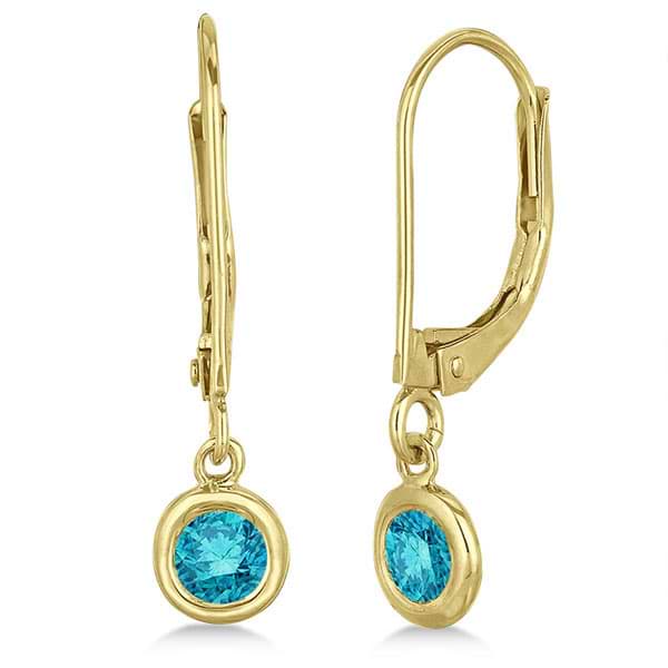 Leverback Dangling Drop Blue Diamond Earrings 14k Yellow Gold (0.40ct)