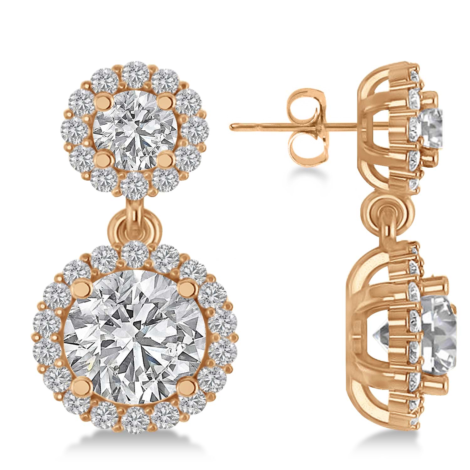 Two Stone Dangling Halo Diamond Earrings 14k Rose Gold (3.00ct)