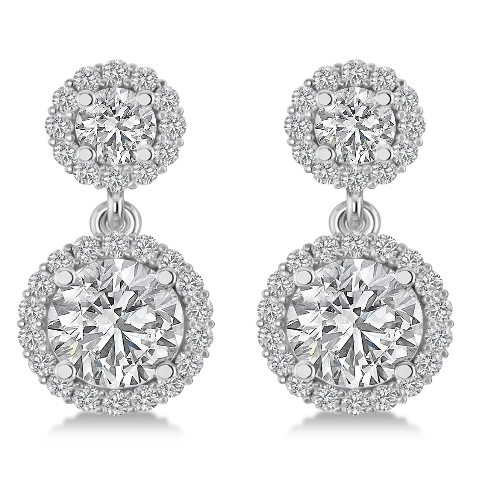 Two Stone Dangling Halo Diamond Earrings 14k White Gold (3.00ct)