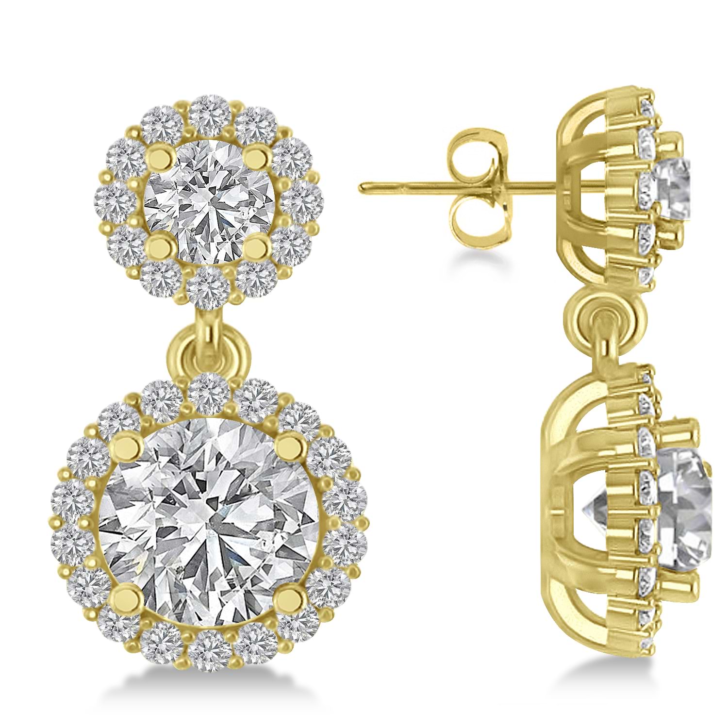 Two Stone Dangling Halo Diamond Earrings 14k Yellow Gold (3.00ct)