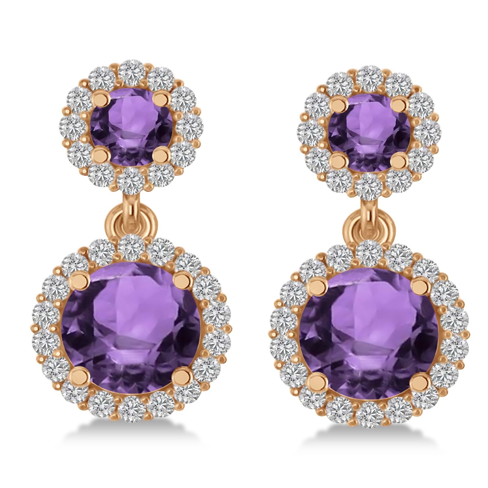 Two Stone Dangling Amethyst & Diamond Earrings 14k Rose Gold (3.00ct)