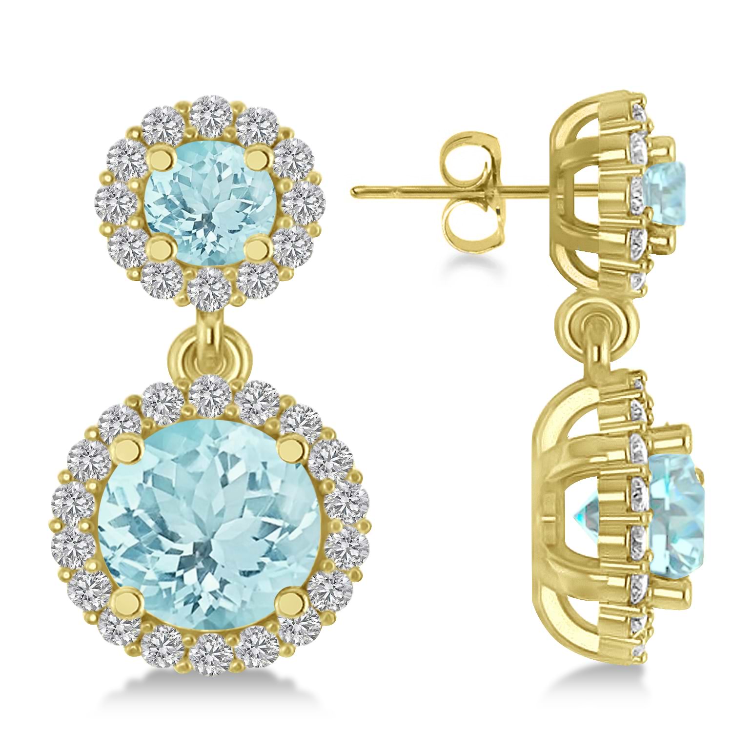 Two Stone Dangling Aquamarine & Diamond Earrings 14k Yellow Gold (3.00ct)