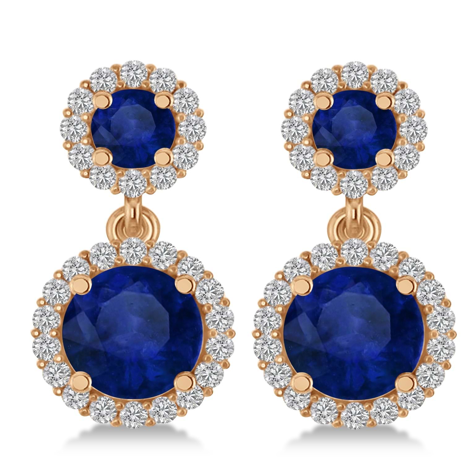 Two Stone Dangling Blue Sapphire & Diamond Earrings 14k Rose Gold (3.00ct)