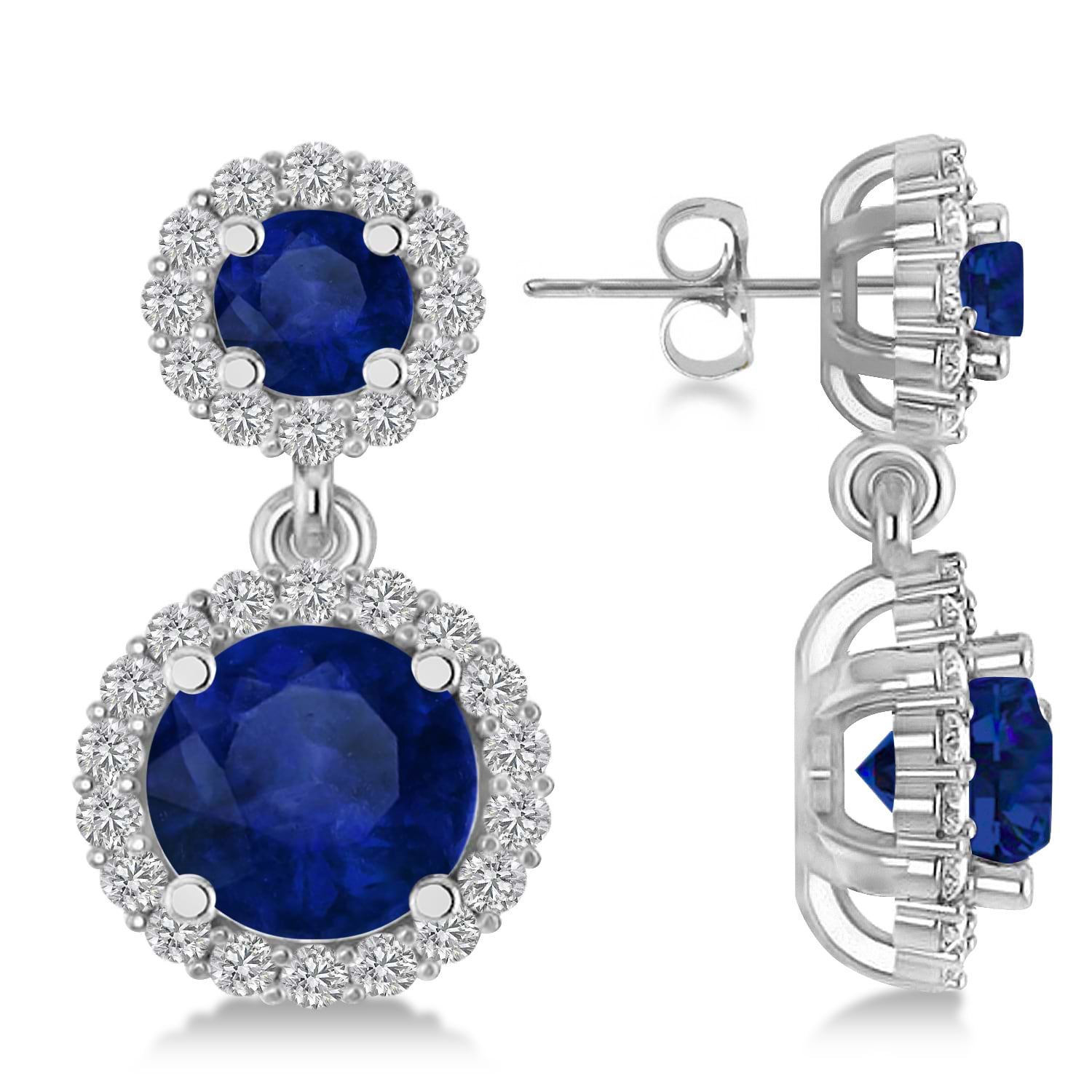 Two Stone Dangling Blue Sapphire & Diamond Earrings