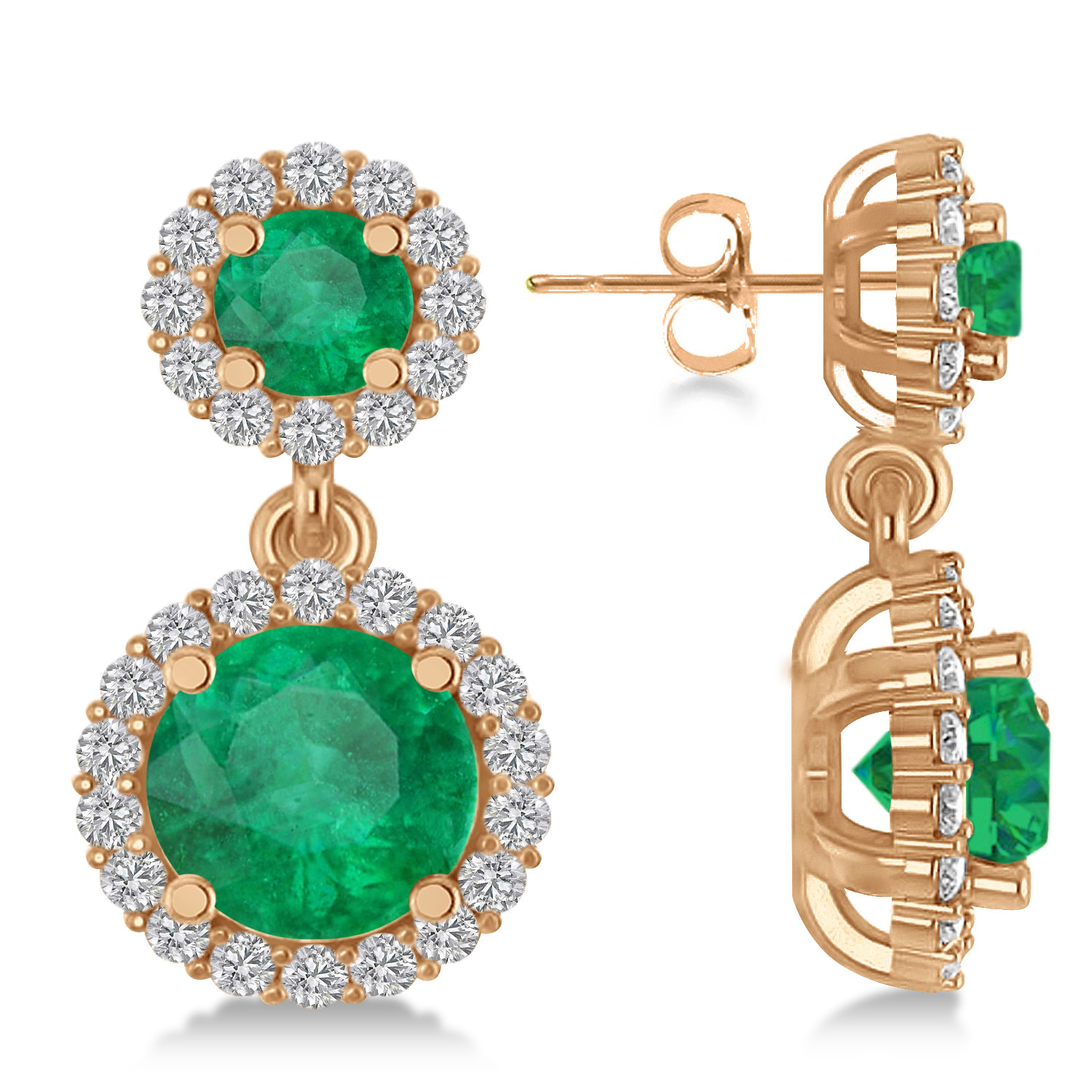 Two Stone Dangling Emerald & Diamond Earrings 14k Rose Gold (3.00ct)