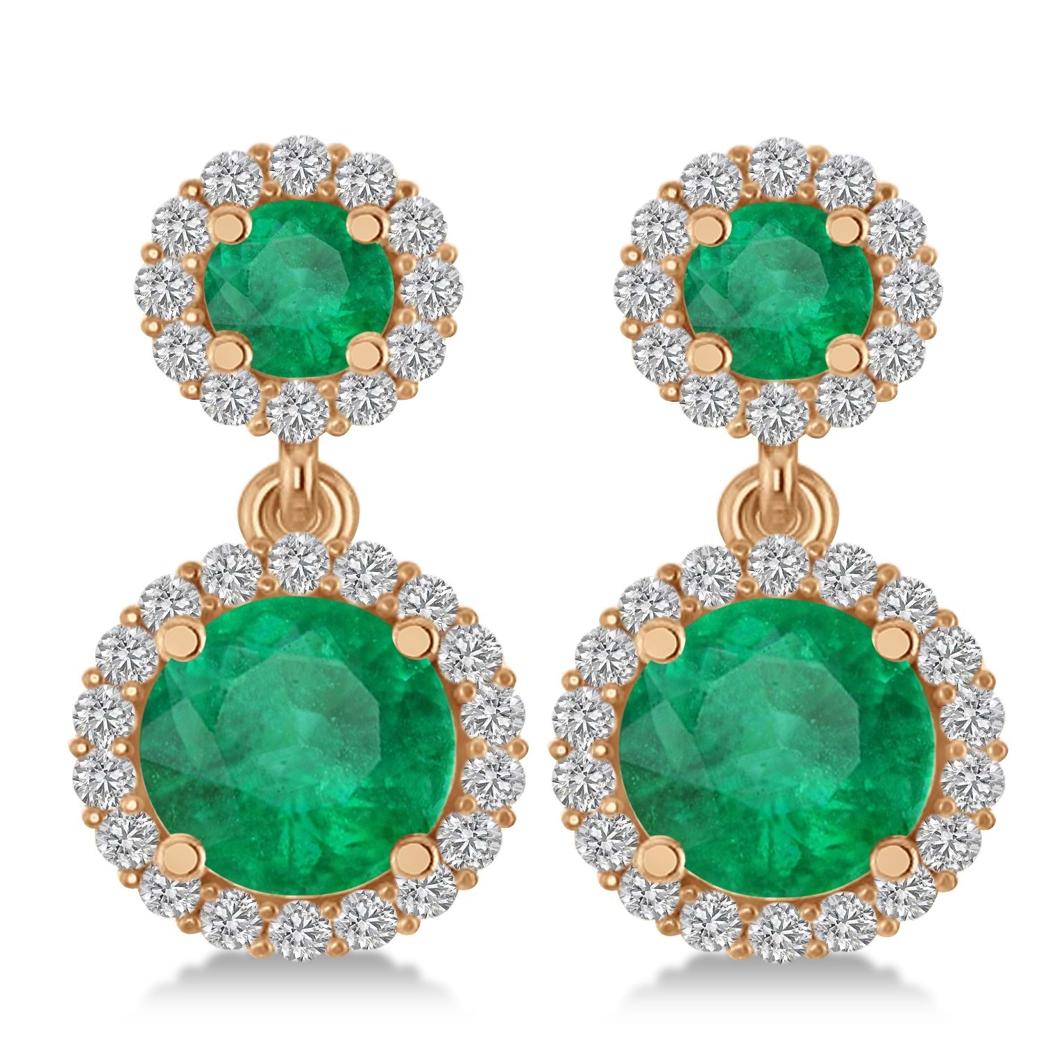 Two Stone Dangling Emerald & Diamond Earrings 14k Rose Gold (3.00ct)