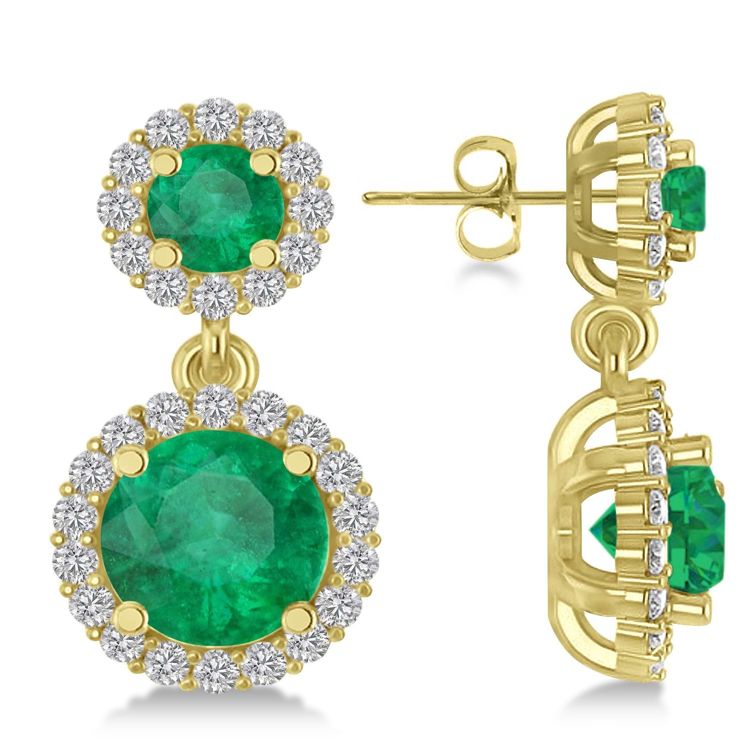 Two Stone Dangling Emerald & Diamond Earrings 14k Yellow Gold (3.00ct)