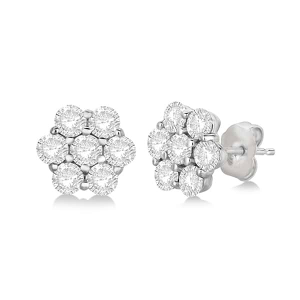 Flower Shaped Diamond Cluster Stud Earrings 14K White Gold (0.52ct)