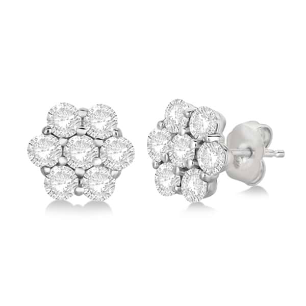 Flower Shaped Diamond Cluster Stud Earrings 14K White Gold (1.01ct)