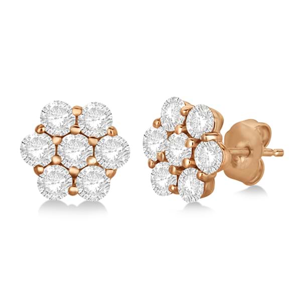 Flower Shaped Diamond Cluster Stud Earrings 14K Rose Gold (2.00ct)