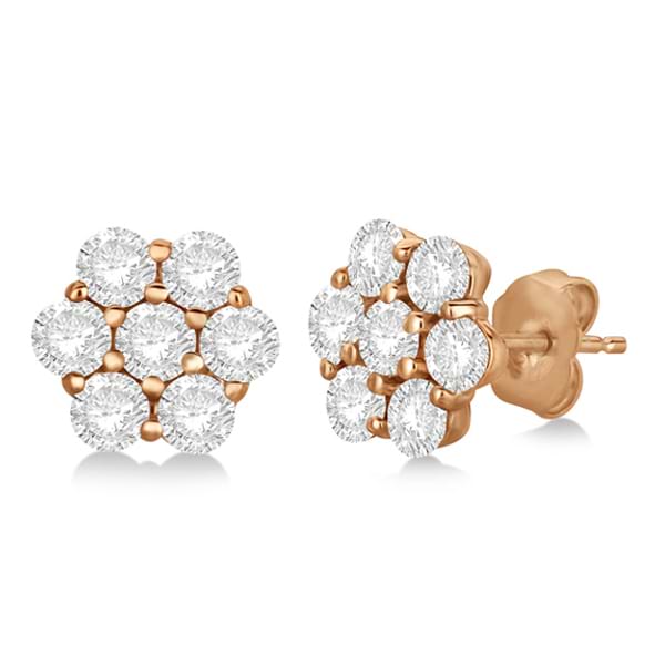 Flower Shaped Diamond Cluster Stud Earrings 14K Rose Gold (2.80ct)