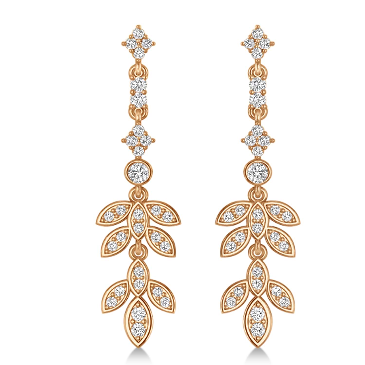 Diamond Floral Vine Leaf Dangling Earrings 14k Rose Gold (1.06ct)