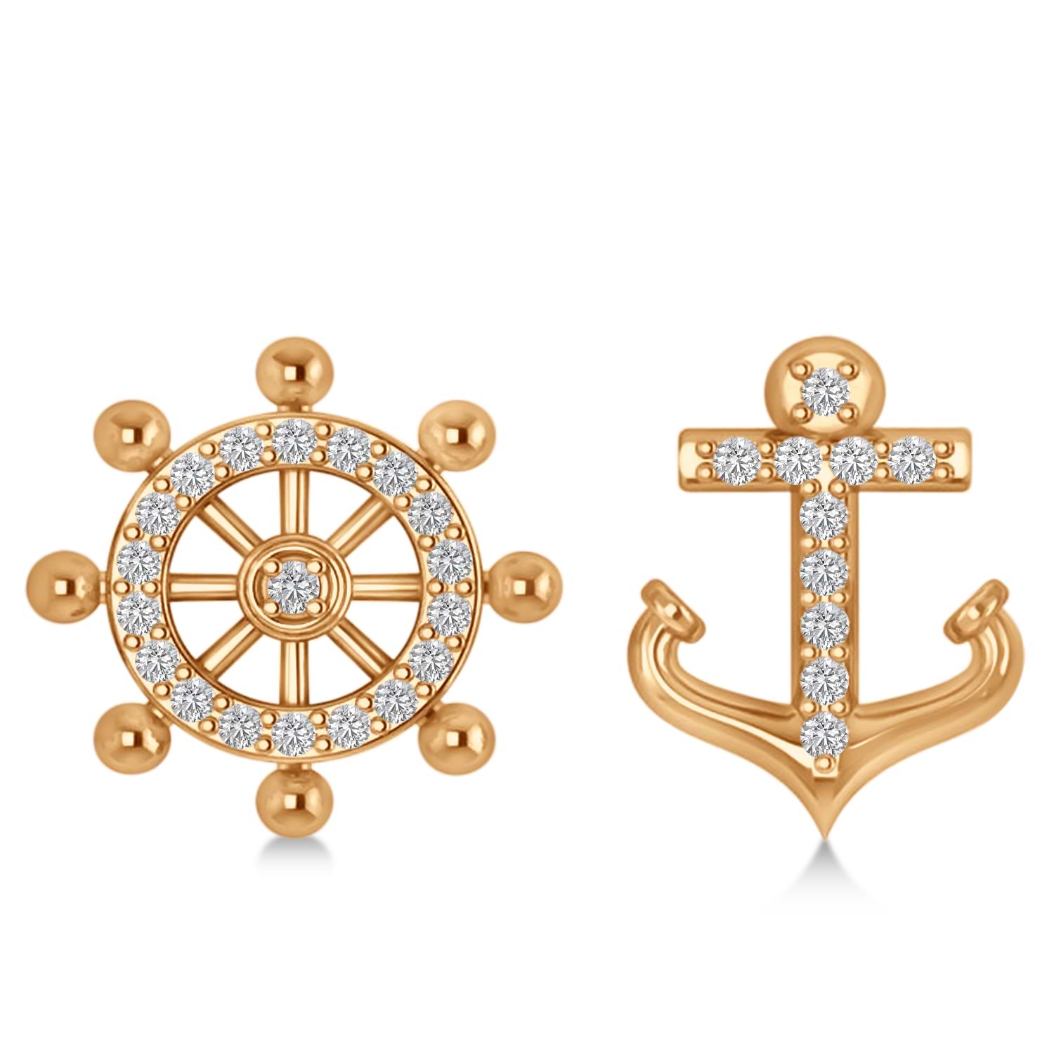Anchor & Ship's Wheel Diamond Mismatched Earrings 14k Rose Gold (0.21ct)