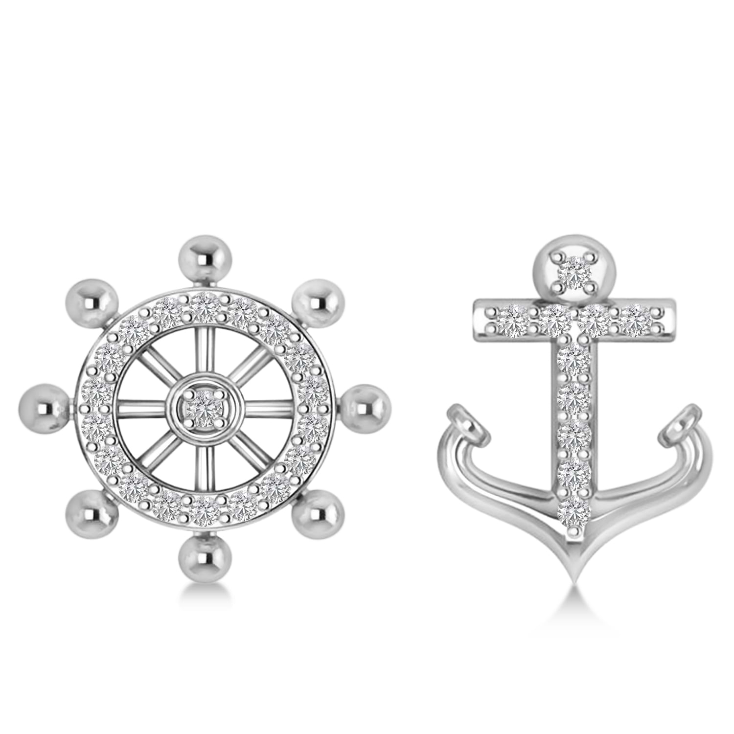 Anchor & Ship's Wheel Diamond Mismatched Earrings 14k White Gold (0.21ct)