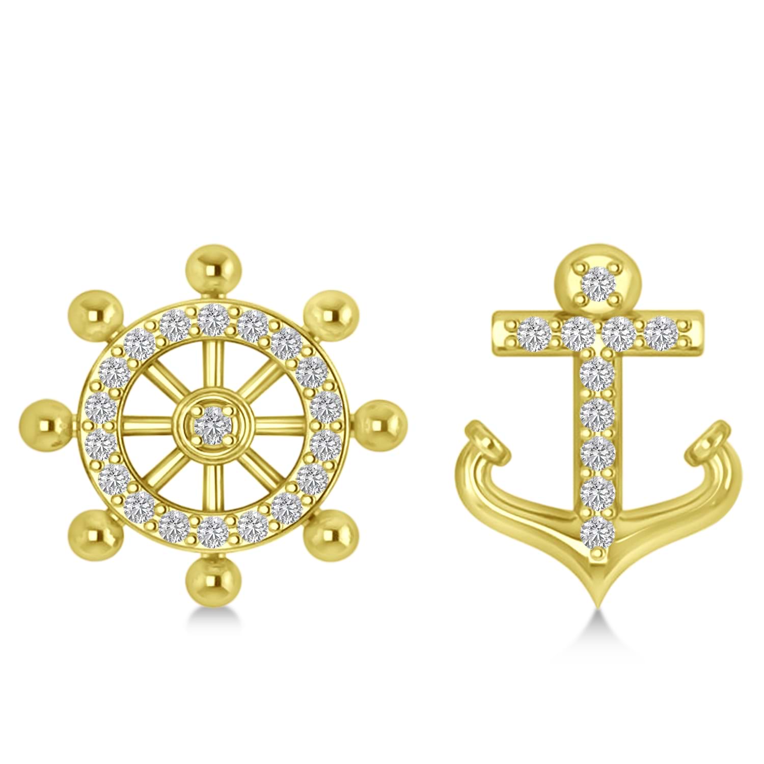 Anchor & Ship's Wheel Diamond Mismatched Earrings 14k Yellow Gold (0.21ct)
