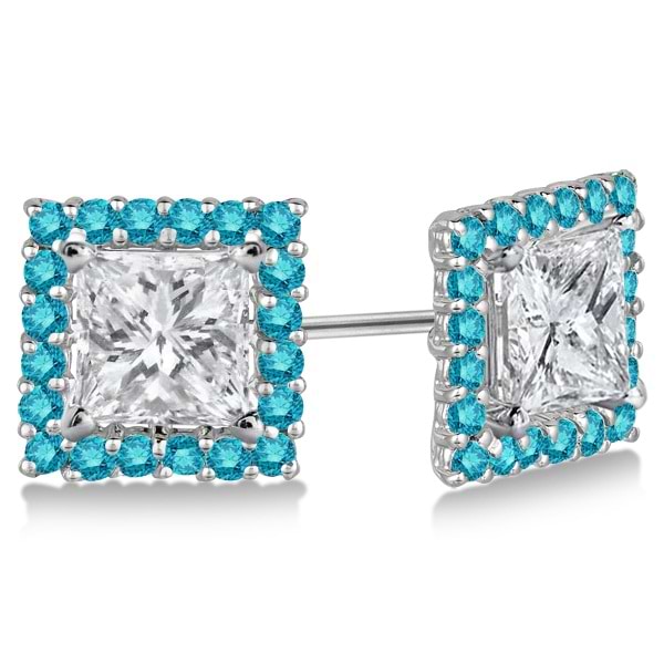 Square Blue Diamond Earring Jackets Pave-Set 14k White Gold (0.77ct)