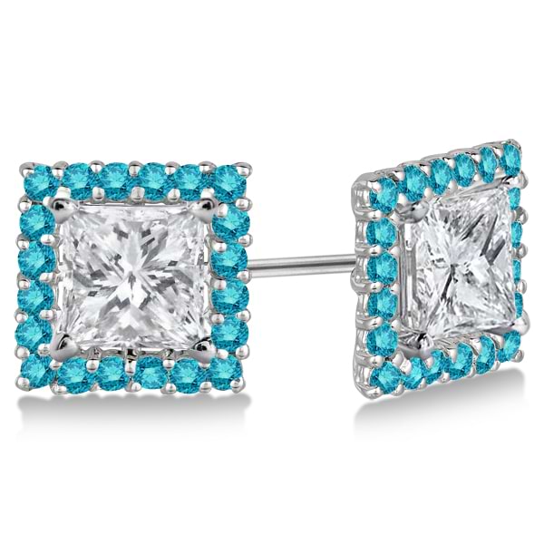 Square Blue Diamond Earring Jackets Pave-Set 14k White Gold (1.01ct)