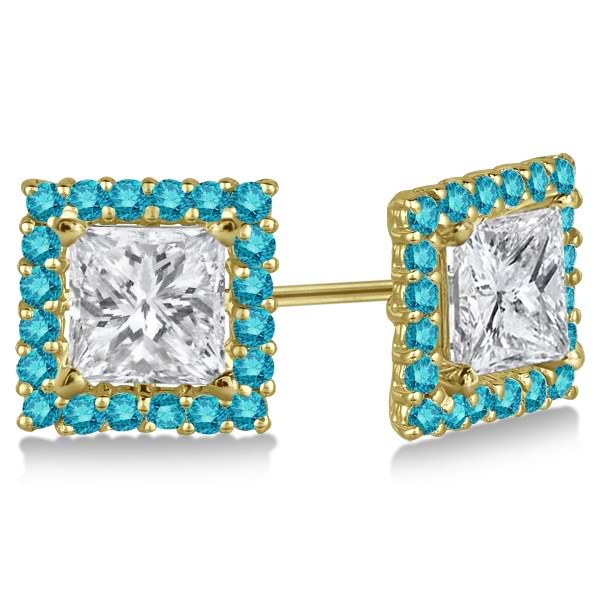 Square Blue Diamond Earring Jackets Pave-Set 14k Yellow Gold (0.50ct)