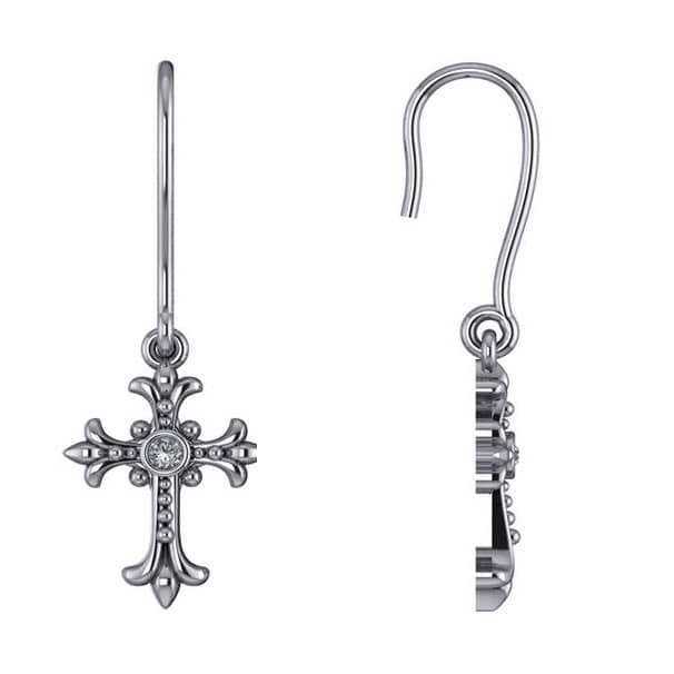 Diamond Gothic Cross Bezel Set Earrings 14k White Gold (0.06ct)