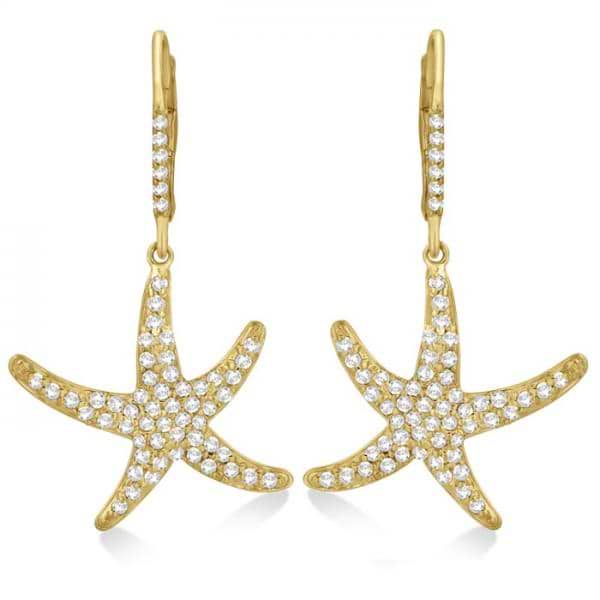 Dangling Starfish Diamond Earrings Pave Set 14k Yellow Gold (1.17ct)