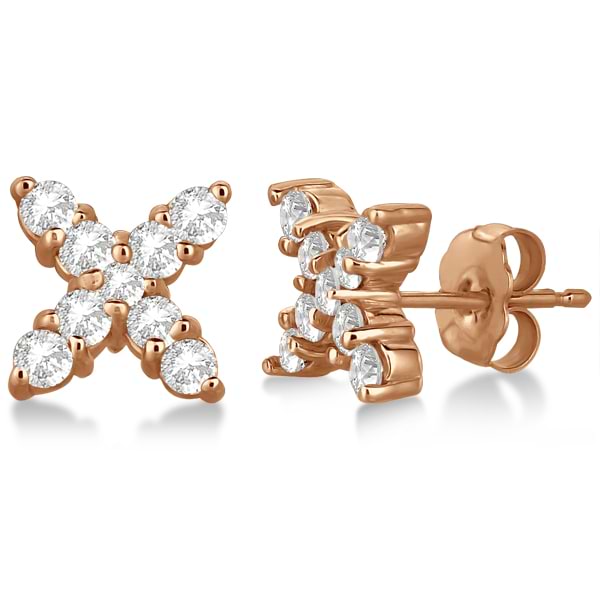 Diamond Studs X Earrings Push Backs in 14k Rose Gold (0.75 ct)