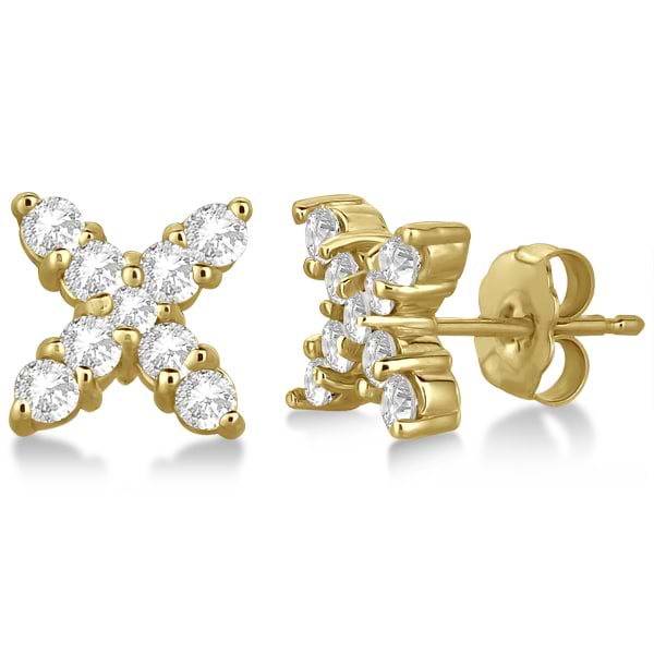 Diamond Studs X Earrings Push Backs in 14k Yellow Gold (0.75 ct)
