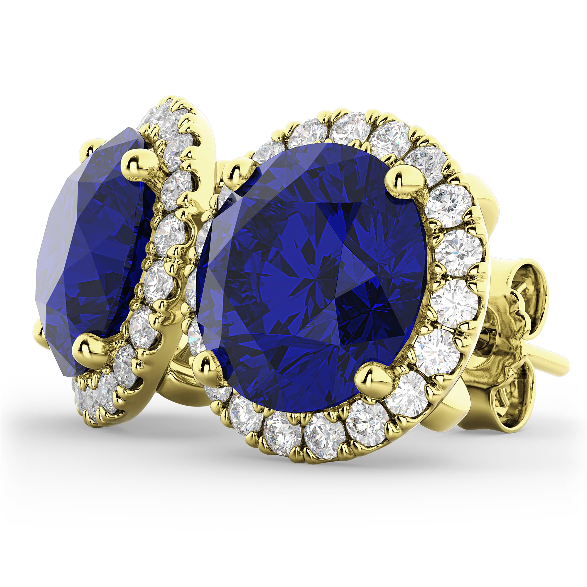 Halo Round Blue Sapphire & Diamond Earrings 14k Yellow Gold (5.17ct)